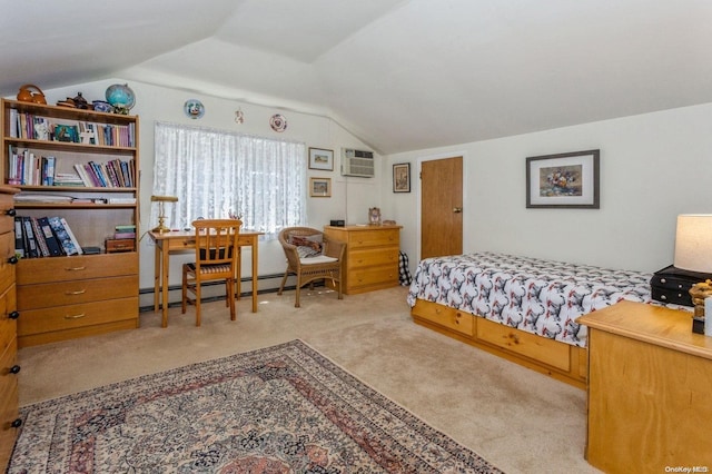 carpeted bedroom featuring a wall unit AC, a baseboard radiator, and vaulted ceiling