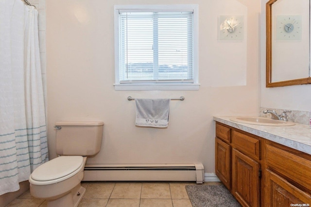 bathroom featuring tile patterned floors, a shower with curtain, vanity, a baseboard heating unit, and toilet