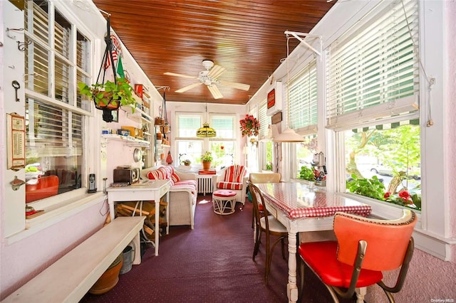 sunroom / solarium with ceiling fan, wood ceiling, and radiator