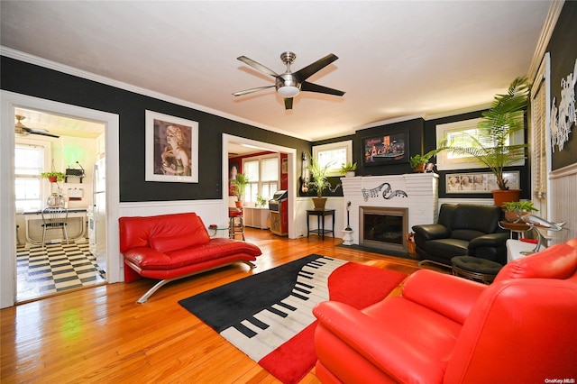 living room featuring a fireplace, plenty of natural light, and hardwood / wood-style flooring