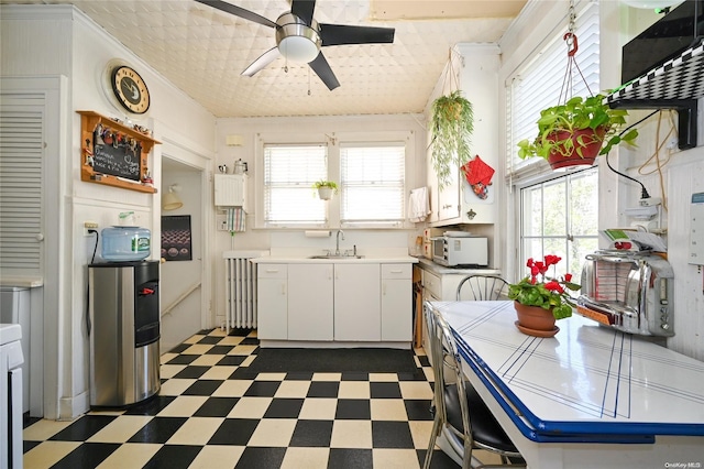 kitchen with white cabinetry, plenty of natural light, ceiling fan, and sink