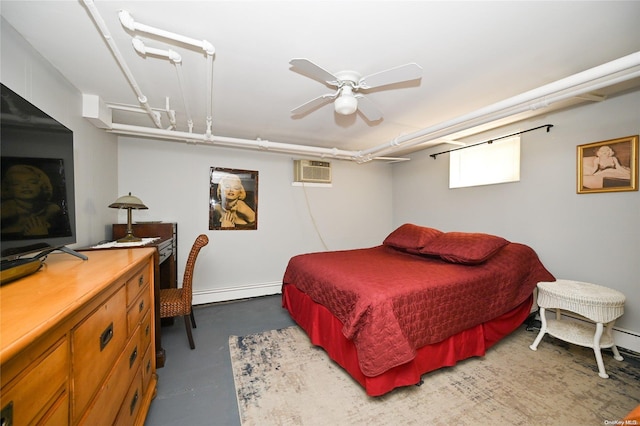 bedroom featuring ceiling fan, a baseboard radiator, concrete floors, and a wall mounted air conditioner