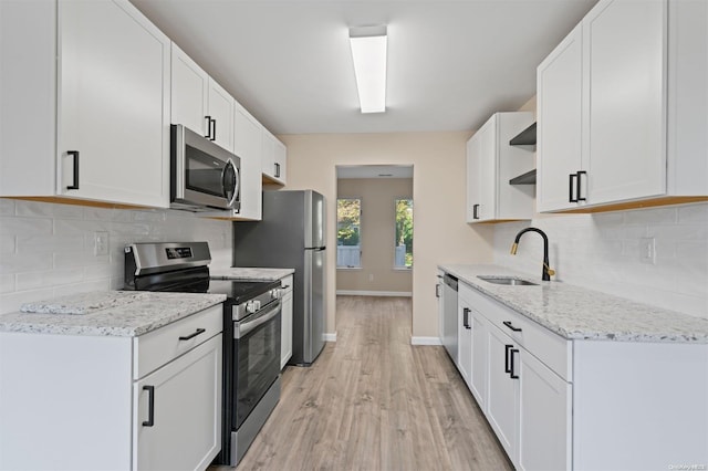 kitchen featuring white cabinetry, sink, appliances with stainless steel finishes, and light hardwood / wood-style flooring