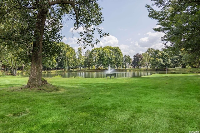 view of property's community featuring a lawn and a water view