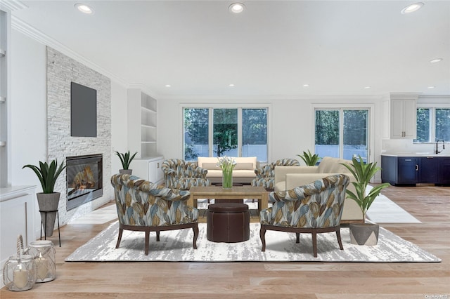 living room featuring a healthy amount of sunlight, light hardwood / wood-style floors, a fireplace, and ornamental molding