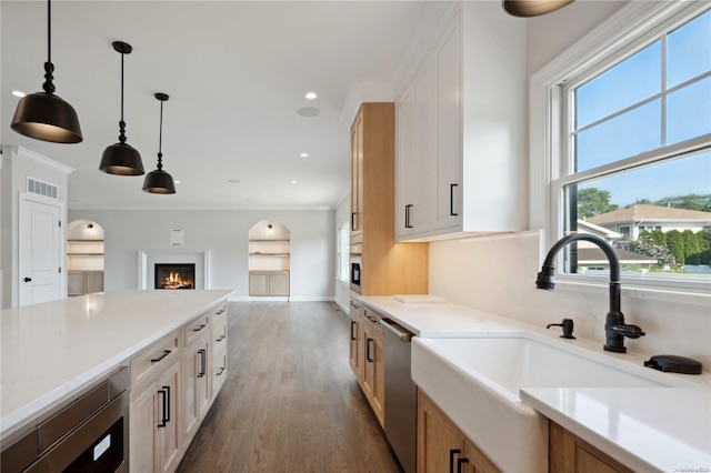 kitchen with stainless steel dishwasher, sink, pendant lighting, white cabinets, and dark hardwood / wood-style floors