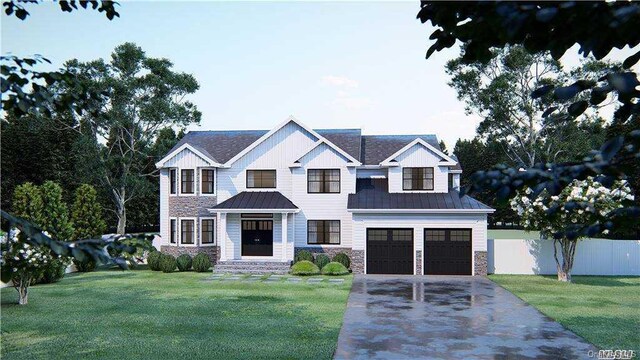80 Ocean Ave, Massapequa, NY 11758 - view of front facade featuring a front lawn, a standing seam roof, stone siding, fence, and aphalt driveway