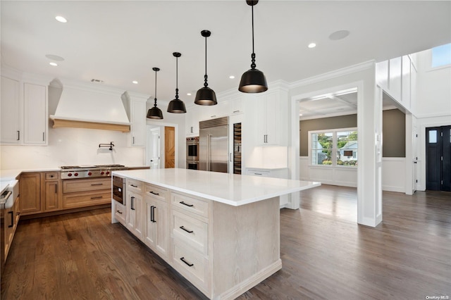 80 Ocean Ave, Massapequa, NY 11758 - kitchen featuring a center island, stainless steel appliances, custom range hood, light countertops, and dark wood finished floors