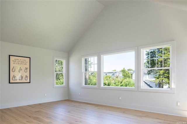 empty room featuring high vaulted ceiling, light hardwood / wood-style flooring, and a healthy amount of sunlight