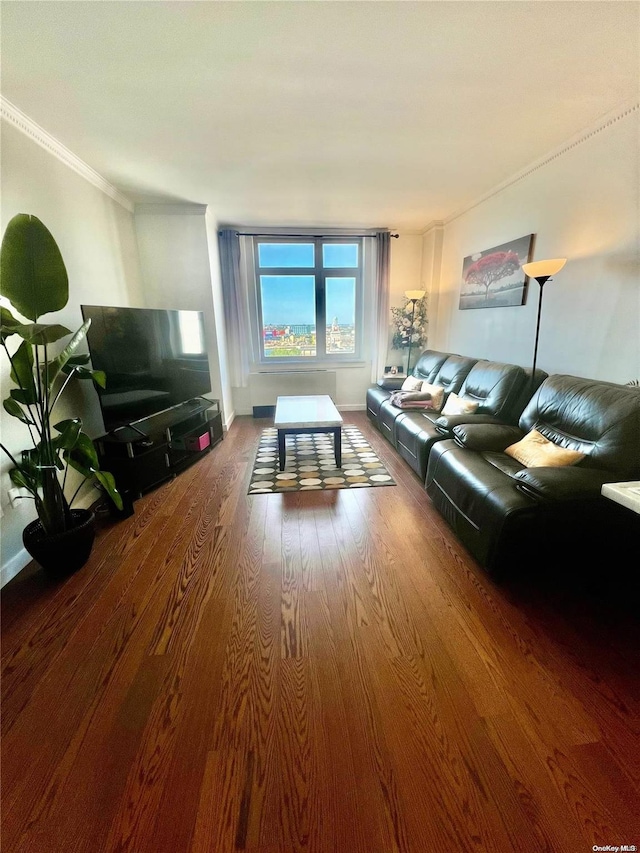 living room featuring crown molding and hardwood / wood-style floors