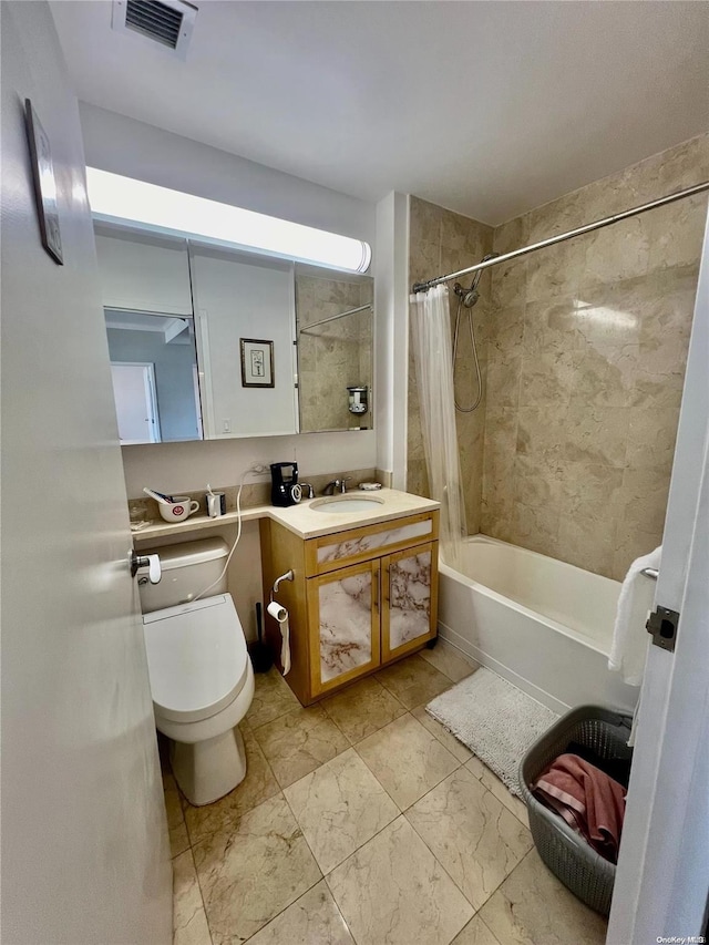 full bathroom featuring vanity, toilet, and shower / bathtub combination with curtain