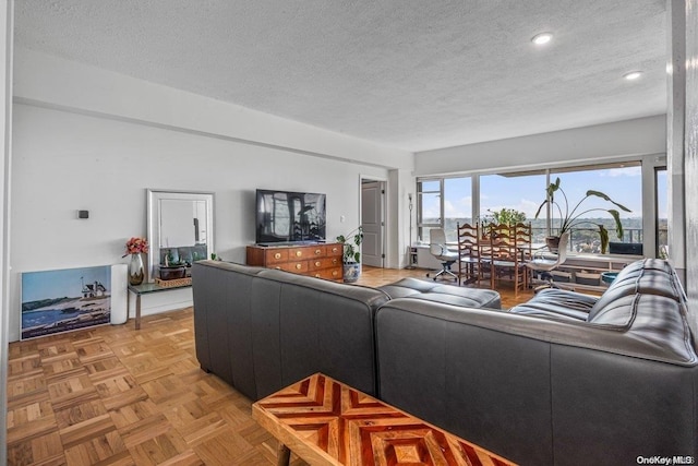 living room with a textured ceiling and light parquet floors