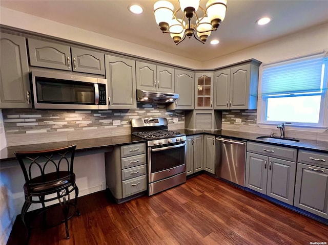 kitchen featuring dark hardwood / wood-style flooring, sink, gray cabinets, and stainless steel appliances