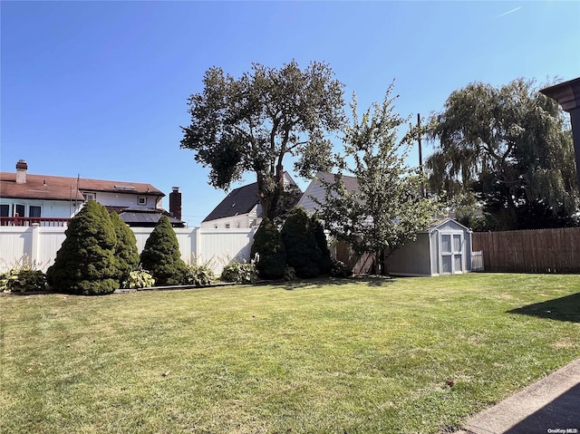 view of yard featuring a storage shed