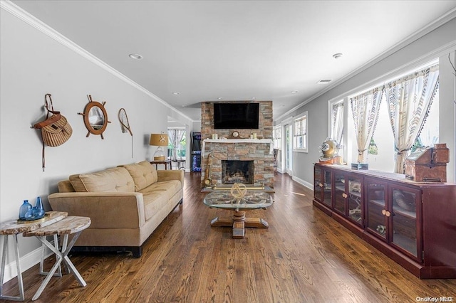 living room featuring plenty of natural light, a stone fireplace, dark wood-type flooring, and crown molding