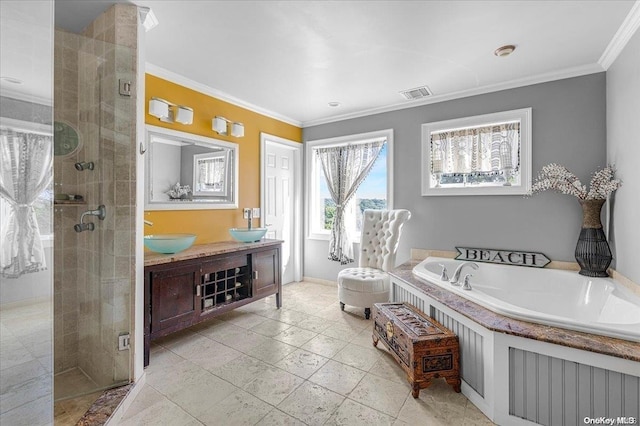 bathroom featuring vanity, separate shower and tub, and crown molding