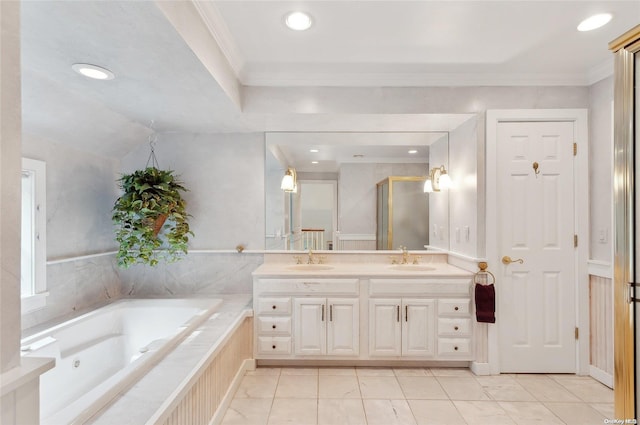 156 Ram Island Dr, Shelter Island, NY 11964 - bathroom featuring double vanity, crown molding, a tub with jets, recessed lighting, and a shower with shower door