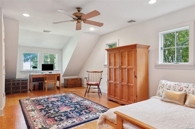 156 Ram Island Dr, Shelter Island, NY 11964 - bedroom with recessed lighting, wood finished floors, lofted ceiling, and ceiling fan