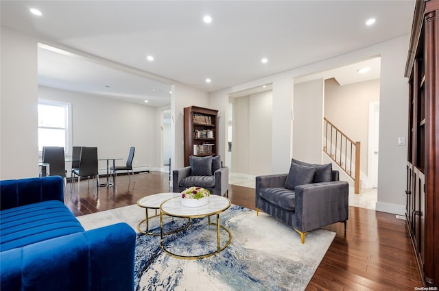 living room with dark wood-type flooring