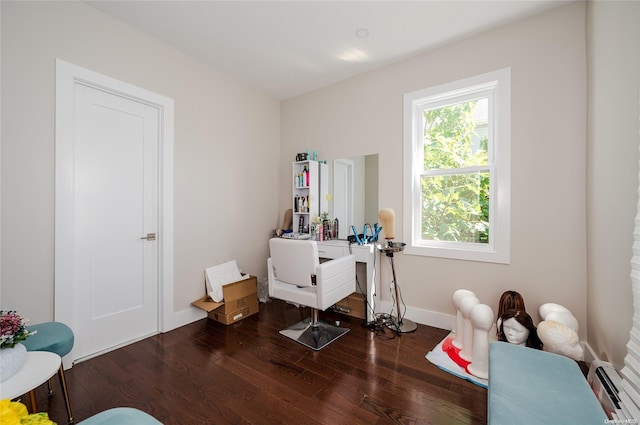 home office featuring baseboard heating and wood-type flooring