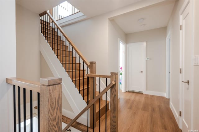 stairs with hardwood / wood-style flooring