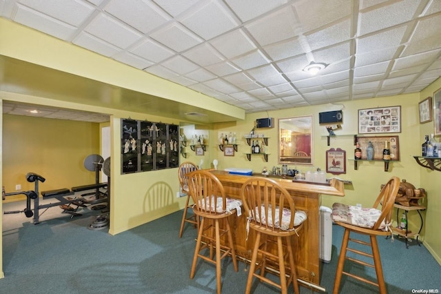 bar with carpet floors and a paneled ceiling