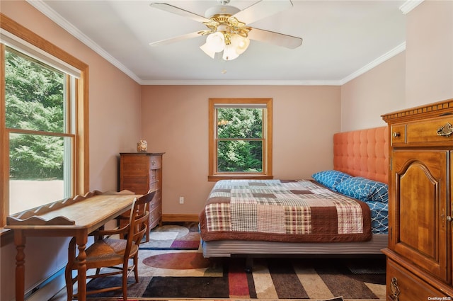 carpeted bedroom with multiple windows, ceiling fan, and ornamental molding