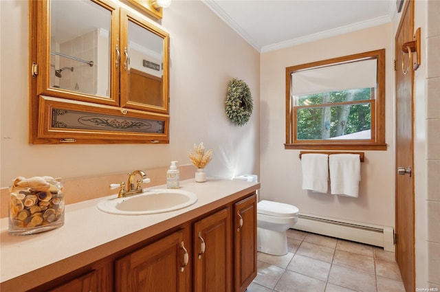 bathroom featuring ornamental molding, vanity, baseboard heating, tile patterned flooring, and toilet