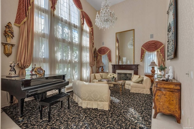 living area featuring a chandelier