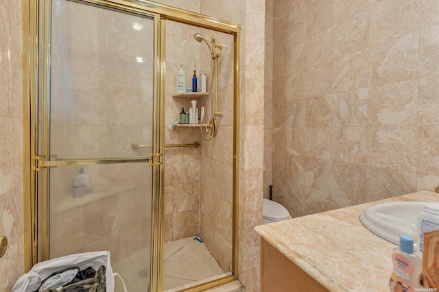 bathroom featuring vanity, an enclosed shower, and toilet