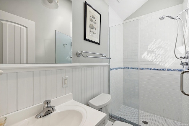 bathroom featuring a shower with door, vanity, vaulted ceiling, and toilet