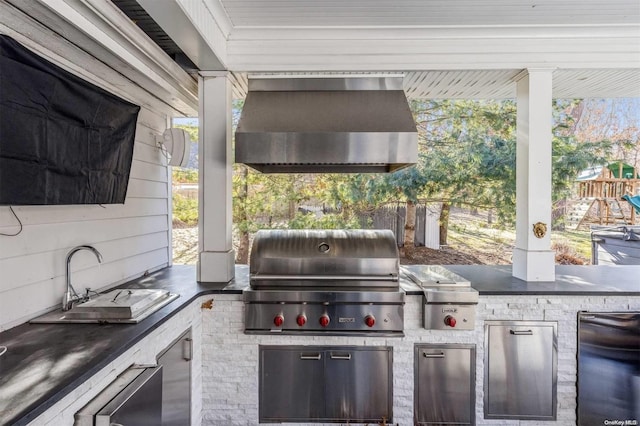 view of patio / terrace featuring sink, a playground, area for grilling, and a grill