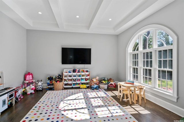 game room featuring plenty of natural light, beam ceiling, and dark wood-type flooring