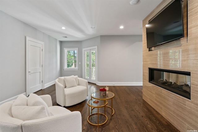 living room featuring a multi sided fireplace and dark hardwood / wood-style flooring