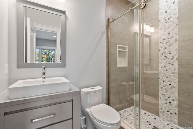 bathroom featuring vanity, toilet, and a shower with door