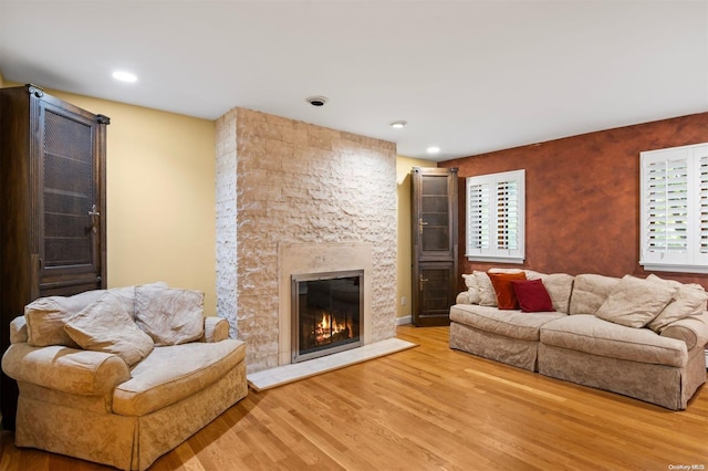 living room with a stone fireplace and light wood-type flooring