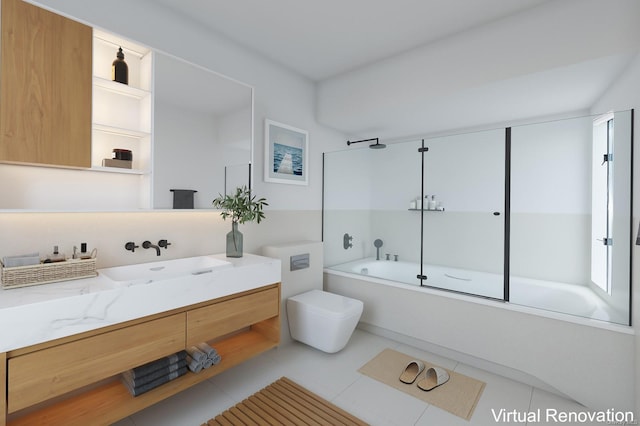 full bathroom featuring enclosed tub / shower combo, vanity, tile patterned floors, and toilet