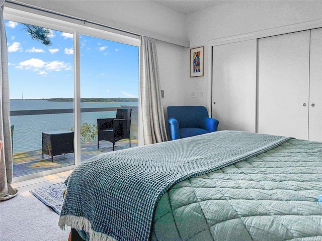 bedroom featuring a closet and a water view