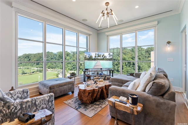 100 Garvies Point Rd Unit 1309, Glen Cove, NY 11542 - living area with a chandelier, wood-type flooring, ornamental molding, and recessed lighting