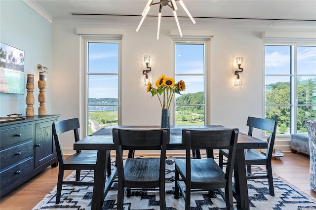 dining area featuring a chandelier, wood-type flooring, and ornamental molding