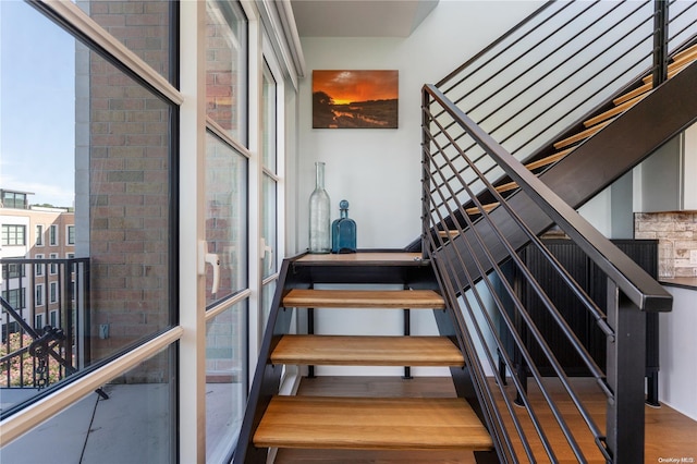 stairs with hardwood / wood-style flooring