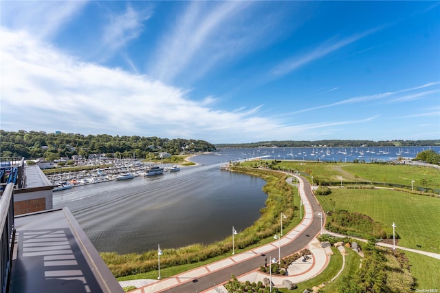 birds eye view of property with a water view