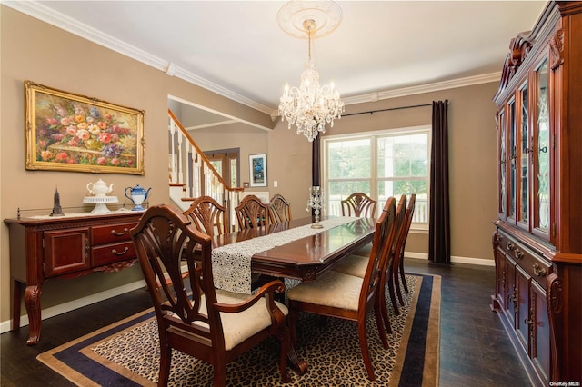 dining area featuring a notable chandelier, dark hardwood / wood-style flooring, and ornamental molding