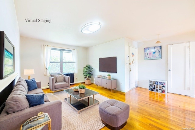 living room featuring wood-type flooring and radiator