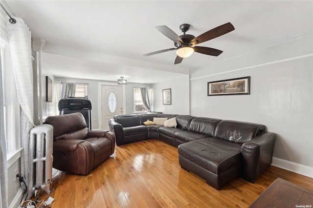 living room featuring radiator heating unit, light hardwood / wood-style floors, and ceiling fan