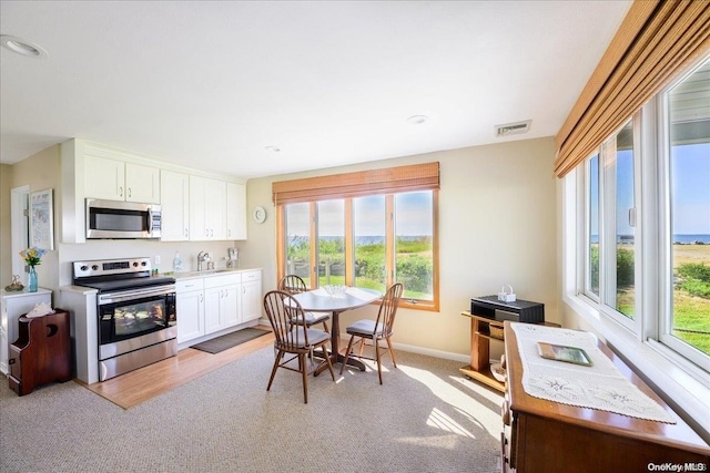 kitchen featuring white cabinets, appliances with stainless steel finishes, light colored carpet, and a healthy amount of sunlight