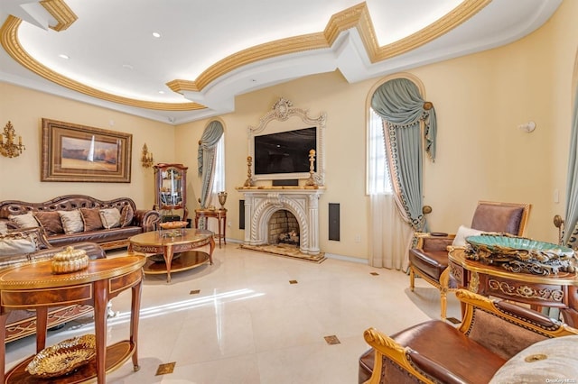 interior space featuring light tile patterned floors, a raised ceiling, and crown molding