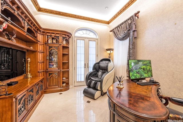 home office with french doors and ornamental molding