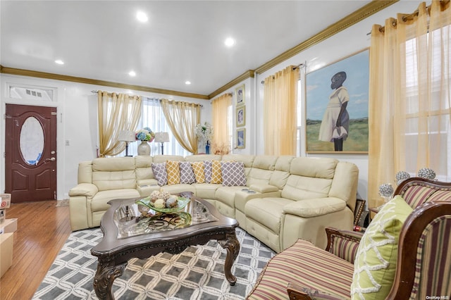 living room with wood-type flooring and crown molding