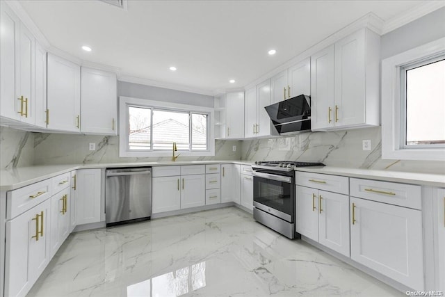 kitchen with decorative backsplash, sink, white cabinetry, and stainless steel appliances